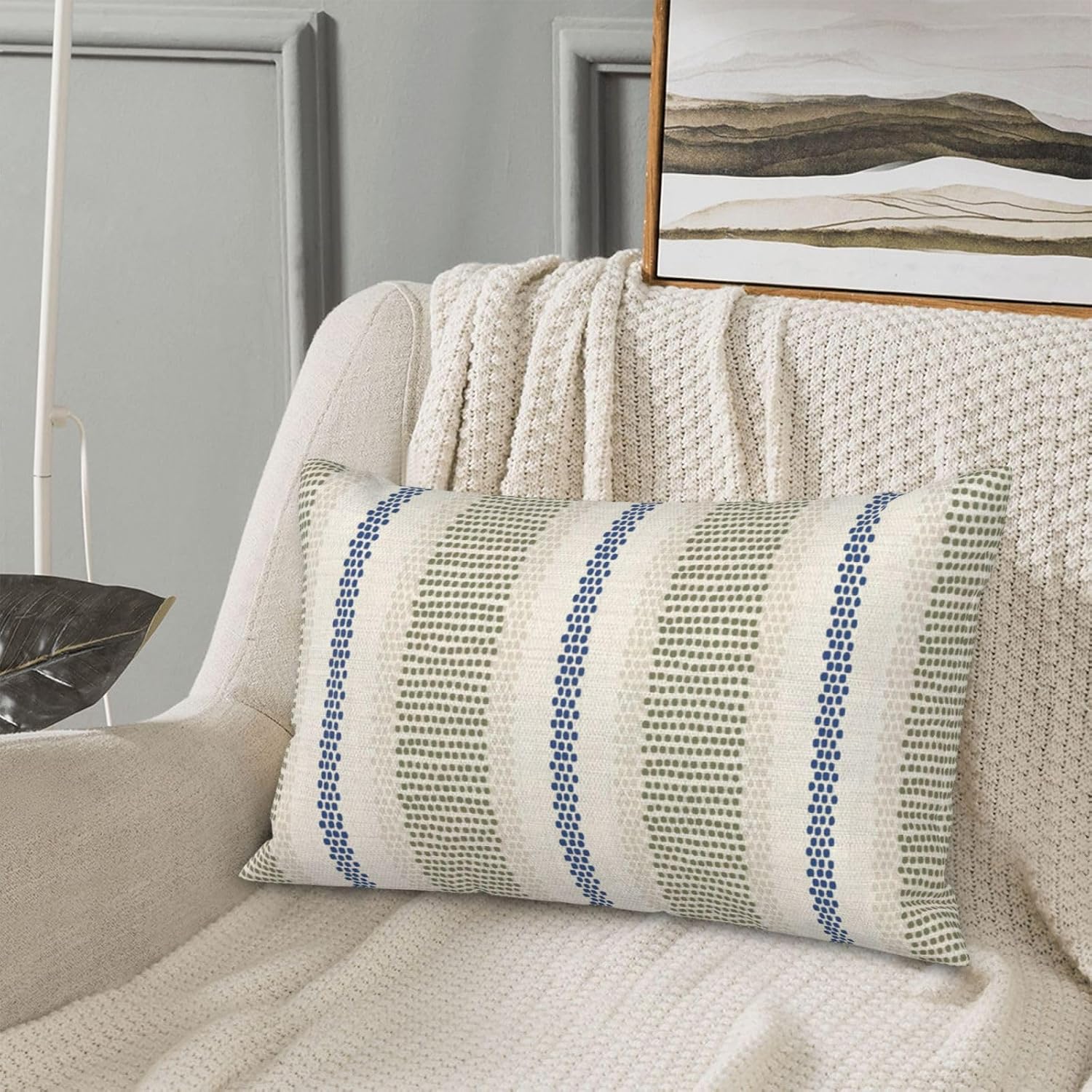 Blue Sage Green Pillow Covers 12x20 Set of 2 Boho Outdoor Striped Throw Pillow Covers Abstract Modern Geometry Decorative Pillowcase…