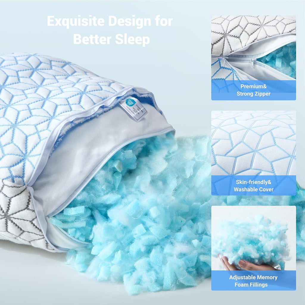 puredown® Standard Pillows Set of 2, Cooling Pillow Full Size 2 Pack, Adjustable Shredded Memory Foam Pillows for Side Back Stomach Hot…