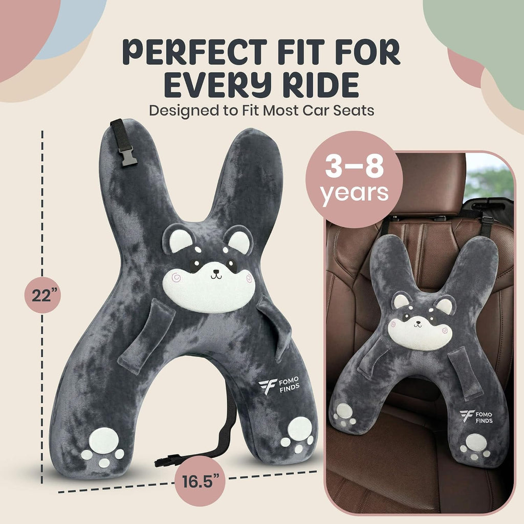 Kids Car Sleeping Pillow - X-Shaped Plush Animal for Neck & Back Support - Hands & Seat Belt Slot - Machine Washable & Compressible…