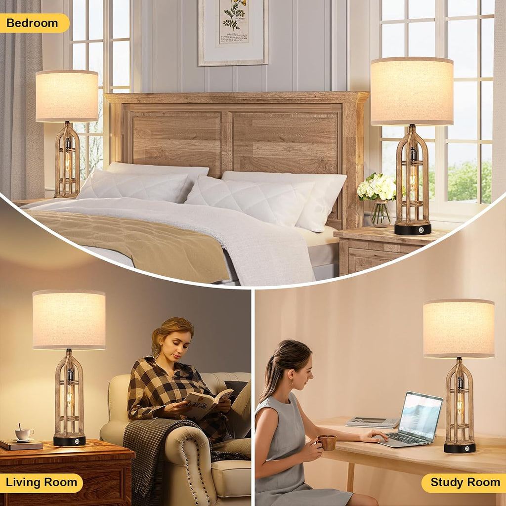Seealle Table Lamp for Living Room Set of 2 - Wood-Like Bedside Lamp for Bedroom with USB C+A & Outlet, Farmhouse Lamps for Night Stands…