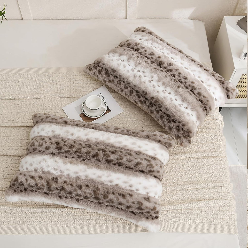 Chumerry Fuzzy Faux Fur Pillow Case Plush Shaggy Pillow Cover Plaid Check Texture Extra Soft Fluffy Faux Rabbit Fur Fabric Brown Decorative…