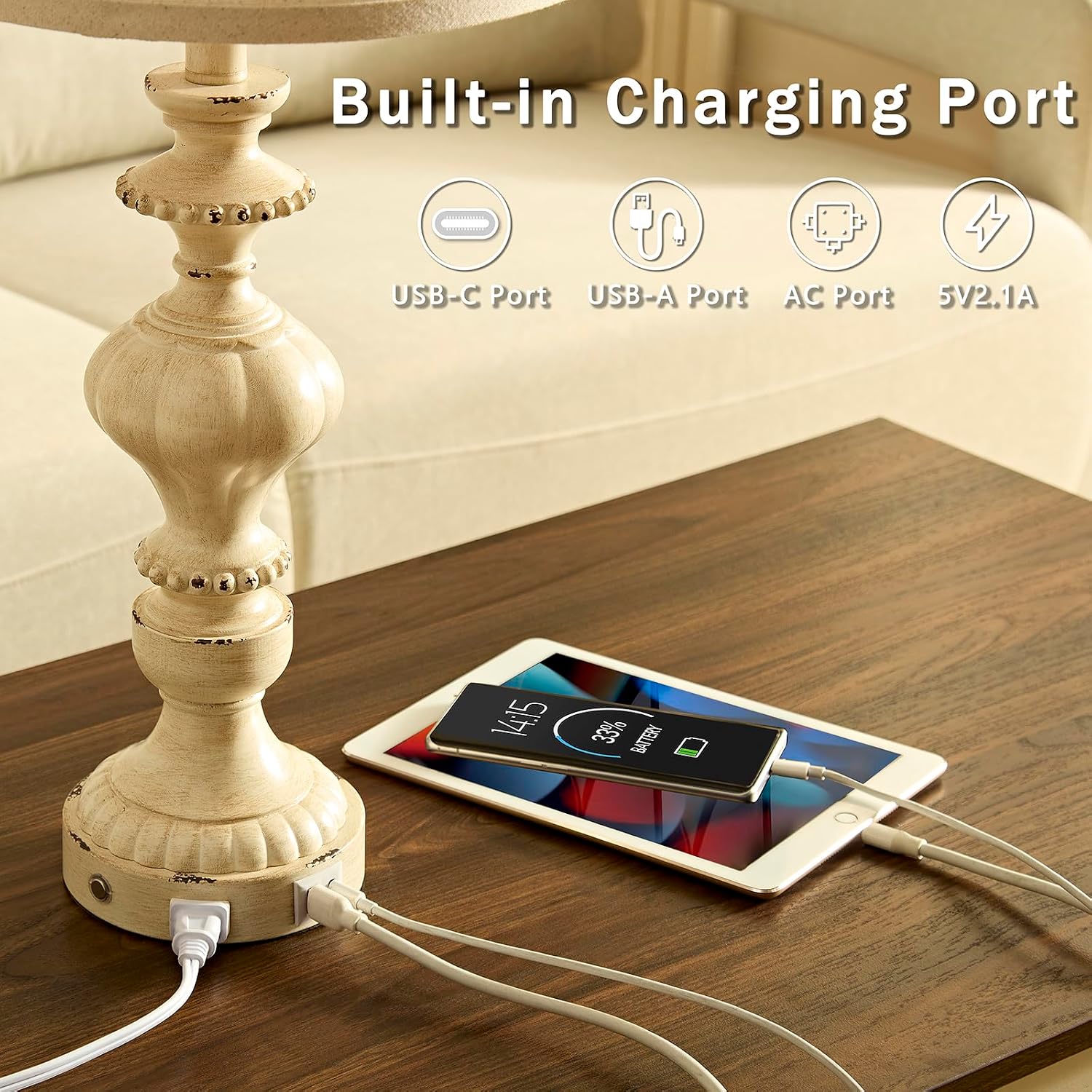 SAIWEYA 27.5" Farmhouse Table Lamps Set of 2 Bedside Nightstand Lamp with USB C+A Ports & AC Outlet, 3 Way Dimmable Touch Lamps for…