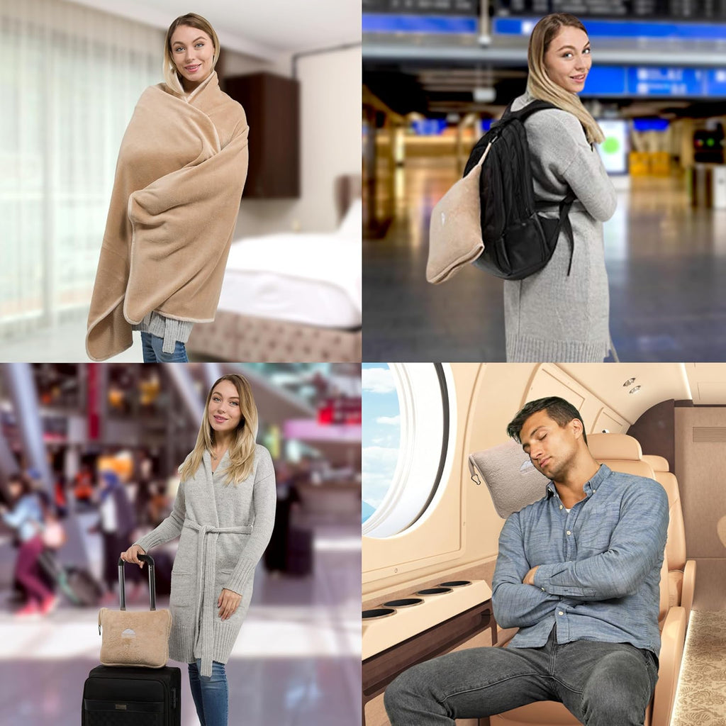 BlueHills Premium Soft Tall Travel Blanket Pillow for Airplane Traveling Essentials Long Flight Trip Throw in Bag case with Backpack Clip…