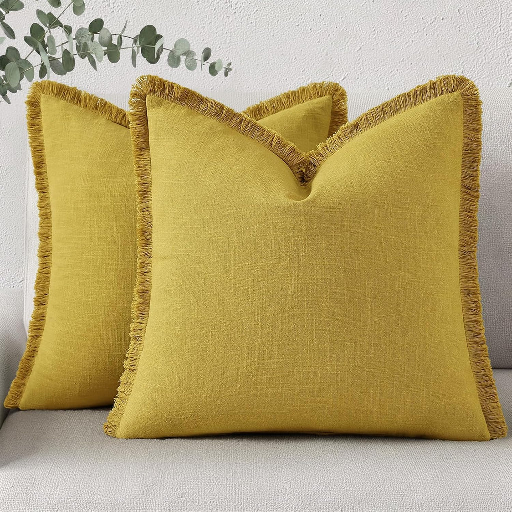 decorUhome Summer Decorative Neutral Linen Fringe Euro Sham Throw Pillow Covers Set of 2 Mustard Yellow Pillow Covers with Tassels Soft Far…