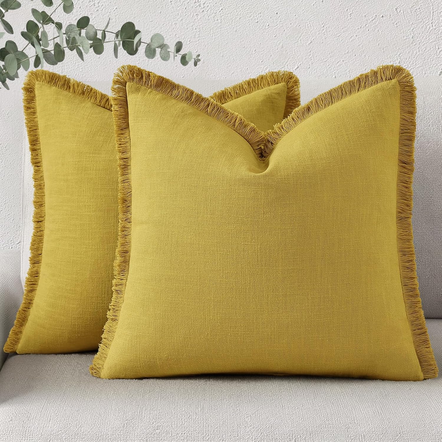 decorUhome Summer Decorative Neutral Linen Fringe Throw Pillow Covers Set of 2 Mustard Yellow Pillow Covers with Tassels Soft Farmhouse Boh…