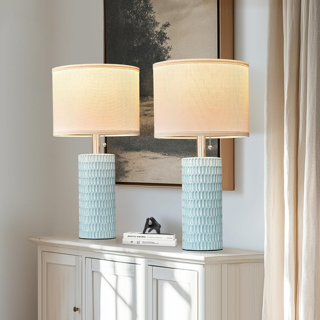 Reaketon Table Lamps for Living Room Set of 2, Ceramic Table Lamps for Bedroom, 20" Modern Lamps for Night Stands, Blue