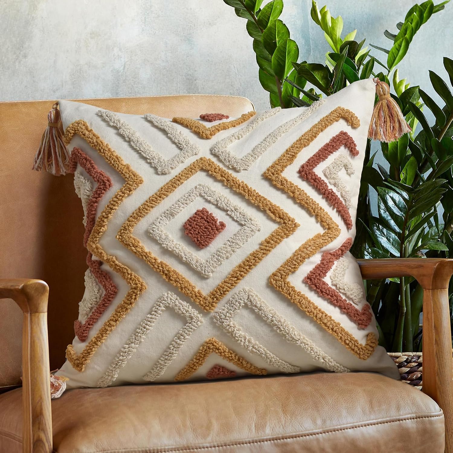 Loopuinhom Boho Pillow Covers 18X18 Inch Boho Tufted Throw Pillow Covers Decorative Tassels Cushion Cover Farmhouse Pillow Case for Couch S…