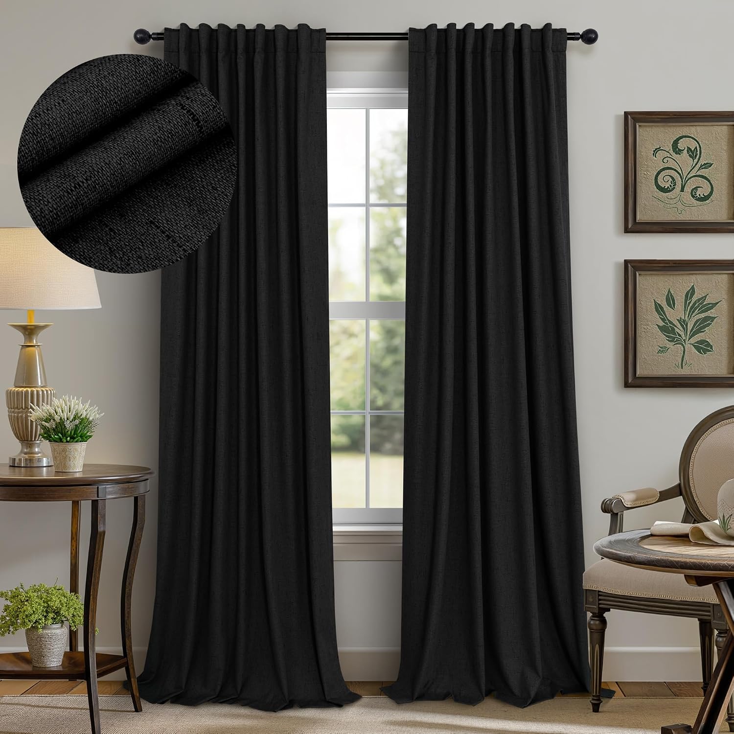 Pitalk Black Out Curtains 108 Inch Long 2 Panels Gothic Elegant Modern Linen Textured Drapes for Living Room Darkening Summer Heat Winter C…