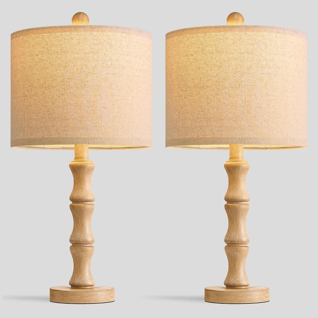 BOBOMOMO 20.5" Farmhouse Table Lamps Set of 2, Rustic Nightstand Lamps with Wood Grain Resin Base & Linen Shade, Small Bedside Lamps for…