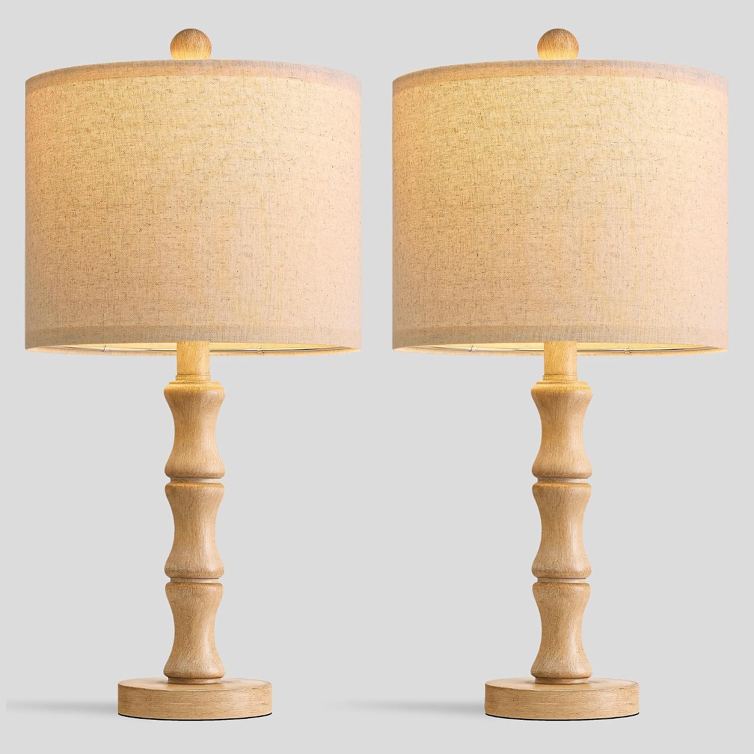 BOBOMOMO 20.5" Farmhouse Table Lamps Set of 2, Rustic Nightstand Lamps with Wood Grain Resin Base & Linen Shade, Small Bedside Lamps for…