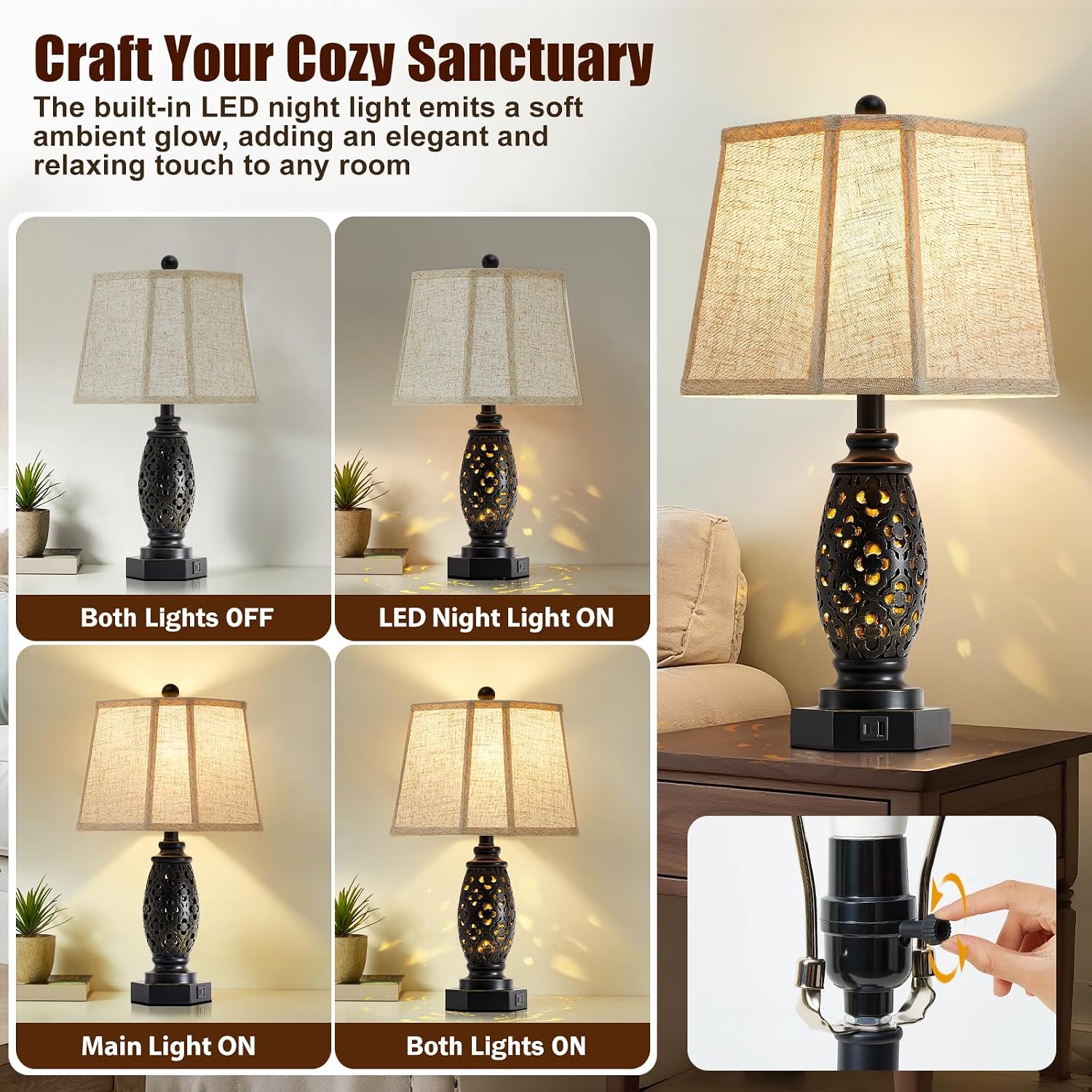 EJIAXIN Table Lamps Set of 2-23.5" Vintage Bedside Lamp with USB A+C and Nightlight - Black Carved Resin Retro Desk Lamp for Bedrooms…