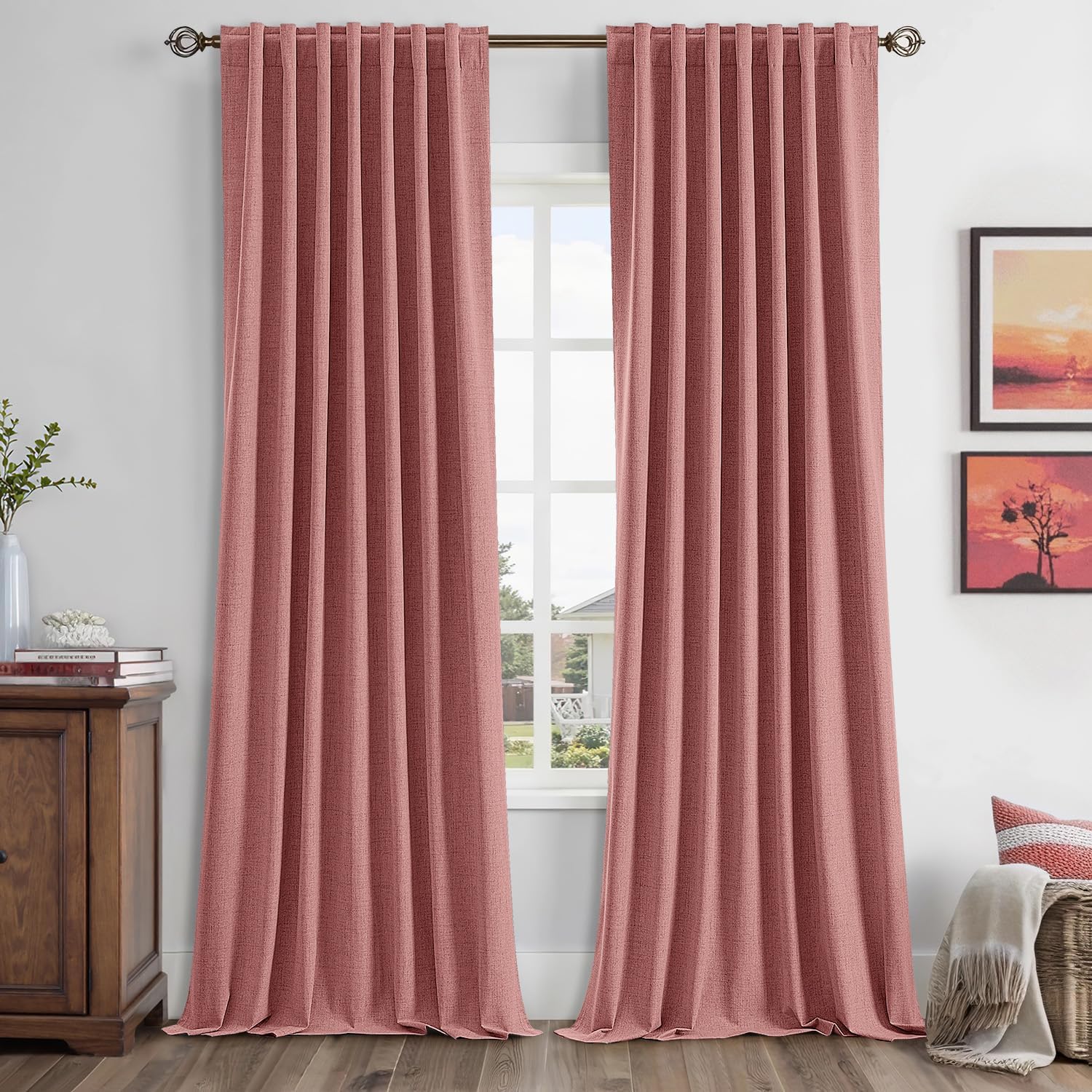 Miulee 100% Blackout Linen Curtains for Bedroom, Dusty Rose Solid Luxury Decor Thermal Insulation Room Darkening Drapes for Living Room Nur…