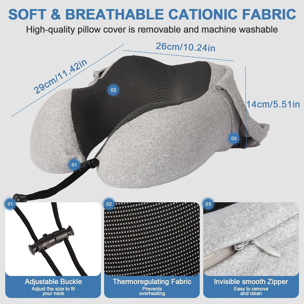 Travel Neck Pillow with 100% Light-Blocking Hood – Ergonomic Memory Foam Support Pillow for Airplane, Long Flights, Road Trips, Office…