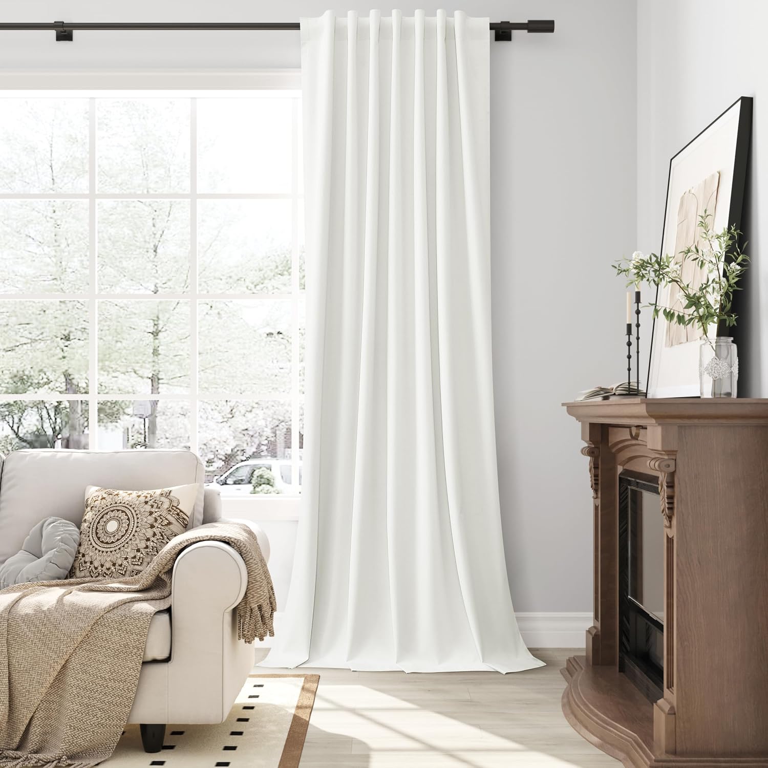 Guken Ivory Linen 100% Blackout Curtains for Bedroom 90 Inches Long 2 Panels Set Textured Hook Belt Light Blocking Thermal Insulated Soundp…