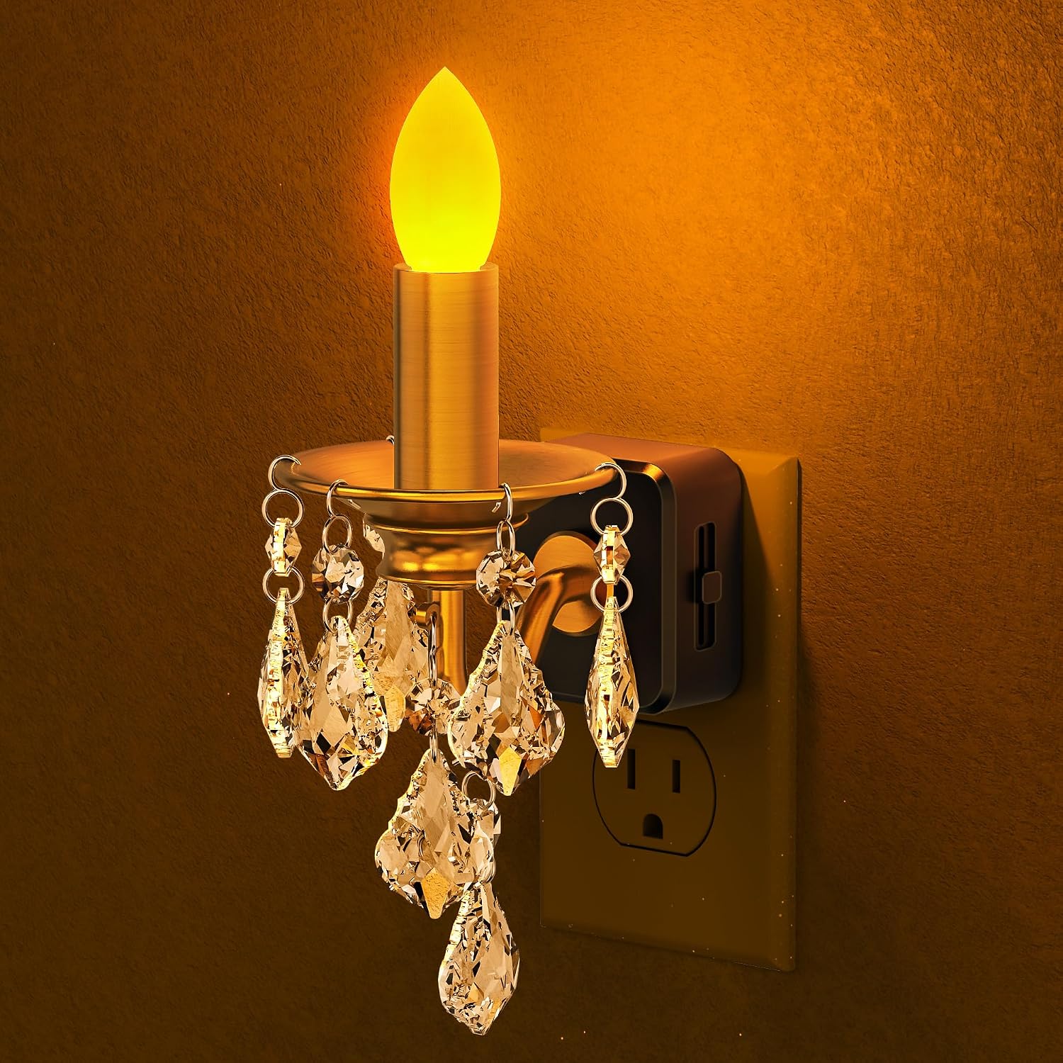 Briignite Candle Night Lights Plug into Wall, LED Amber Night Light with Dusk to Dawn Sensor, 0-100LM Dimmable, Decorative Gold…