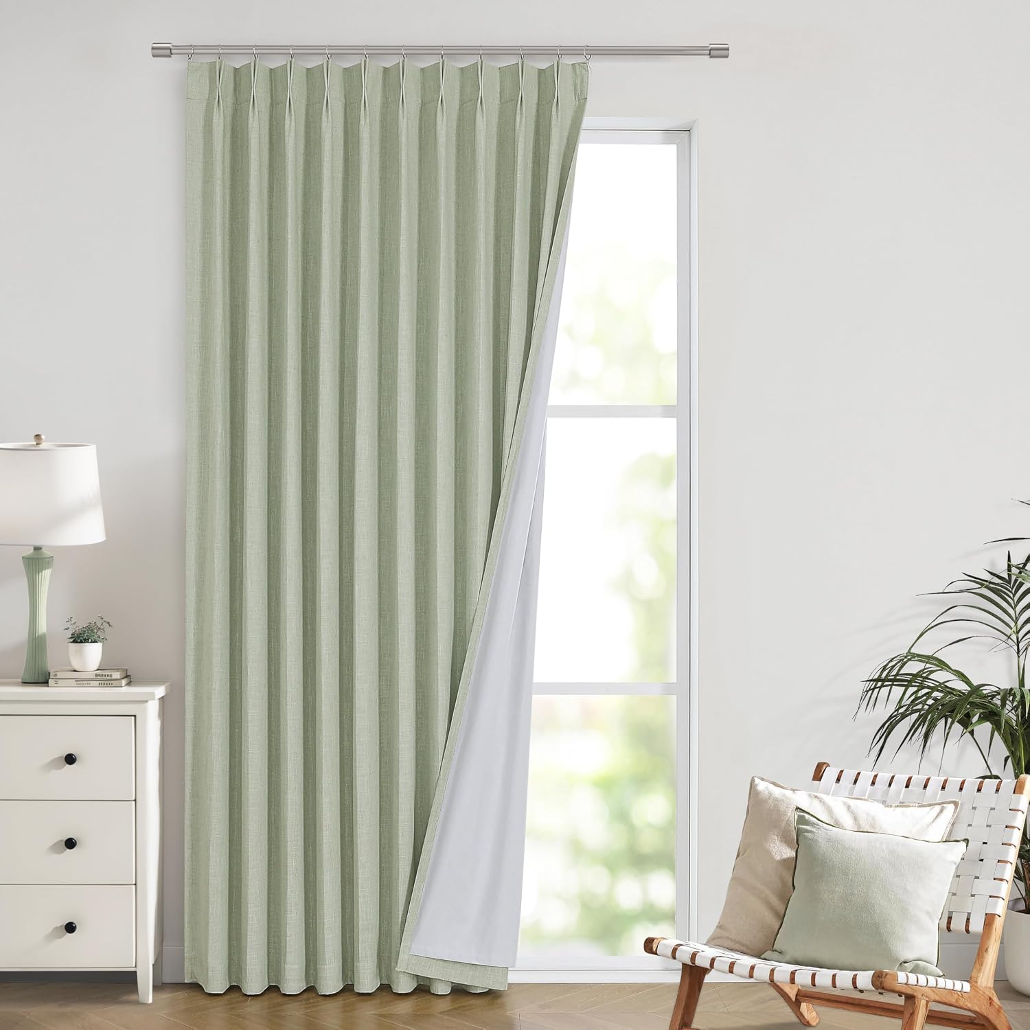 VisionHome Vision Home Soft Green Pinch Pleated Full Blackout Curtains Linen Blended Room Darkening Window Panels 95 inch for Living Room B…