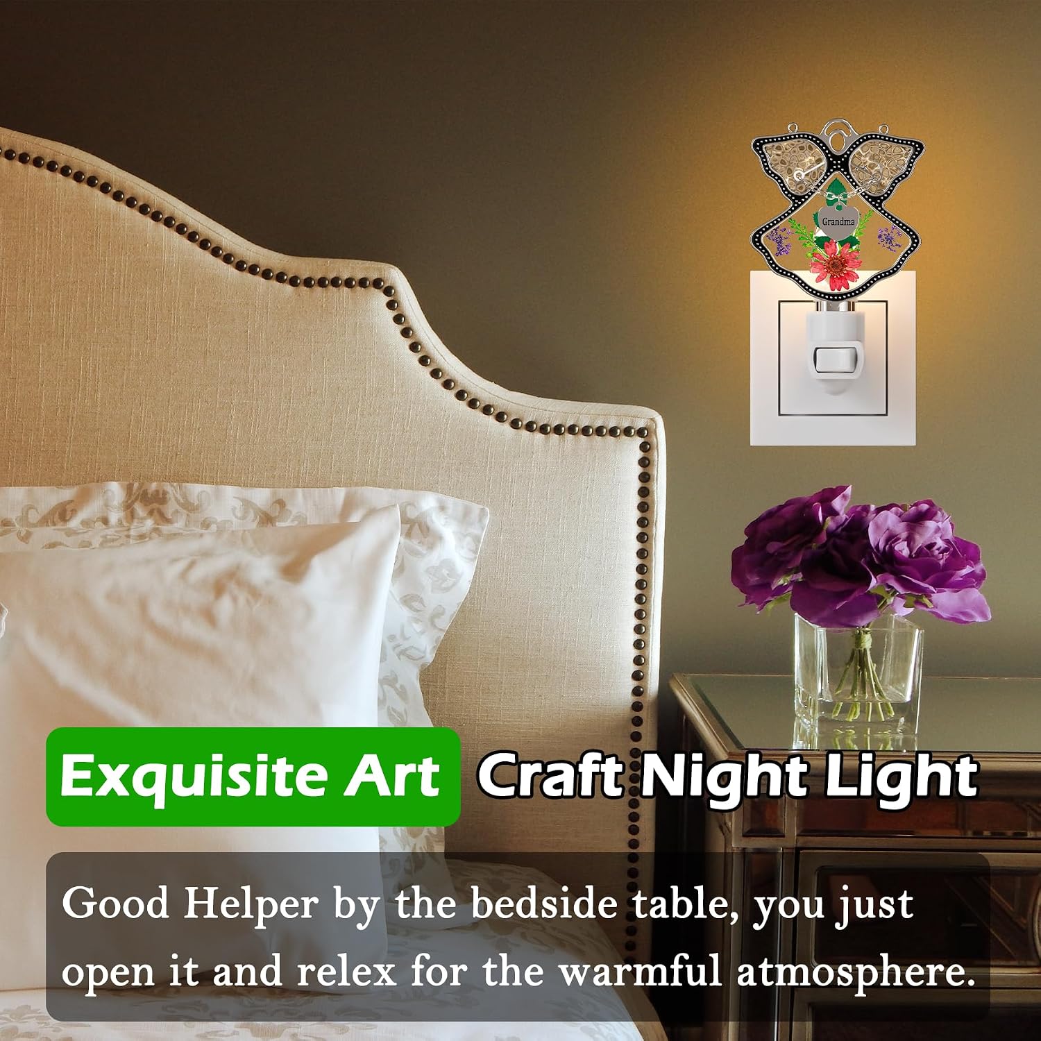 KY&BOSAM Night Light Grandma Stained Glass Angel Night Lights Plug Into Wall with Real Flower in Glass and Metal Charm Night Light for…