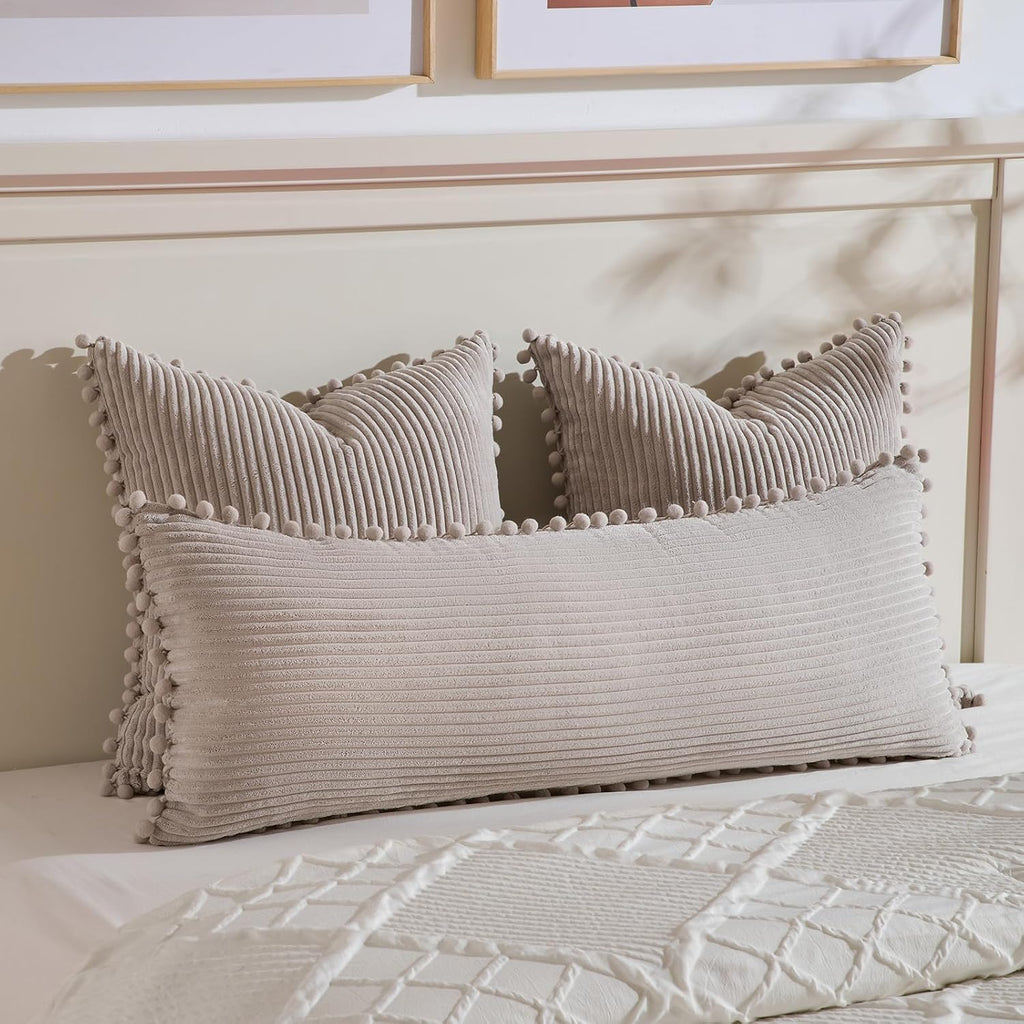 Fancy Homi 1 Pack Neutral Taupe Lumbar Body Decorative Throw Pillow Covers 20x54 Inch with Pom-poms for Couch Sofa Bed, Farmhouse Boho…