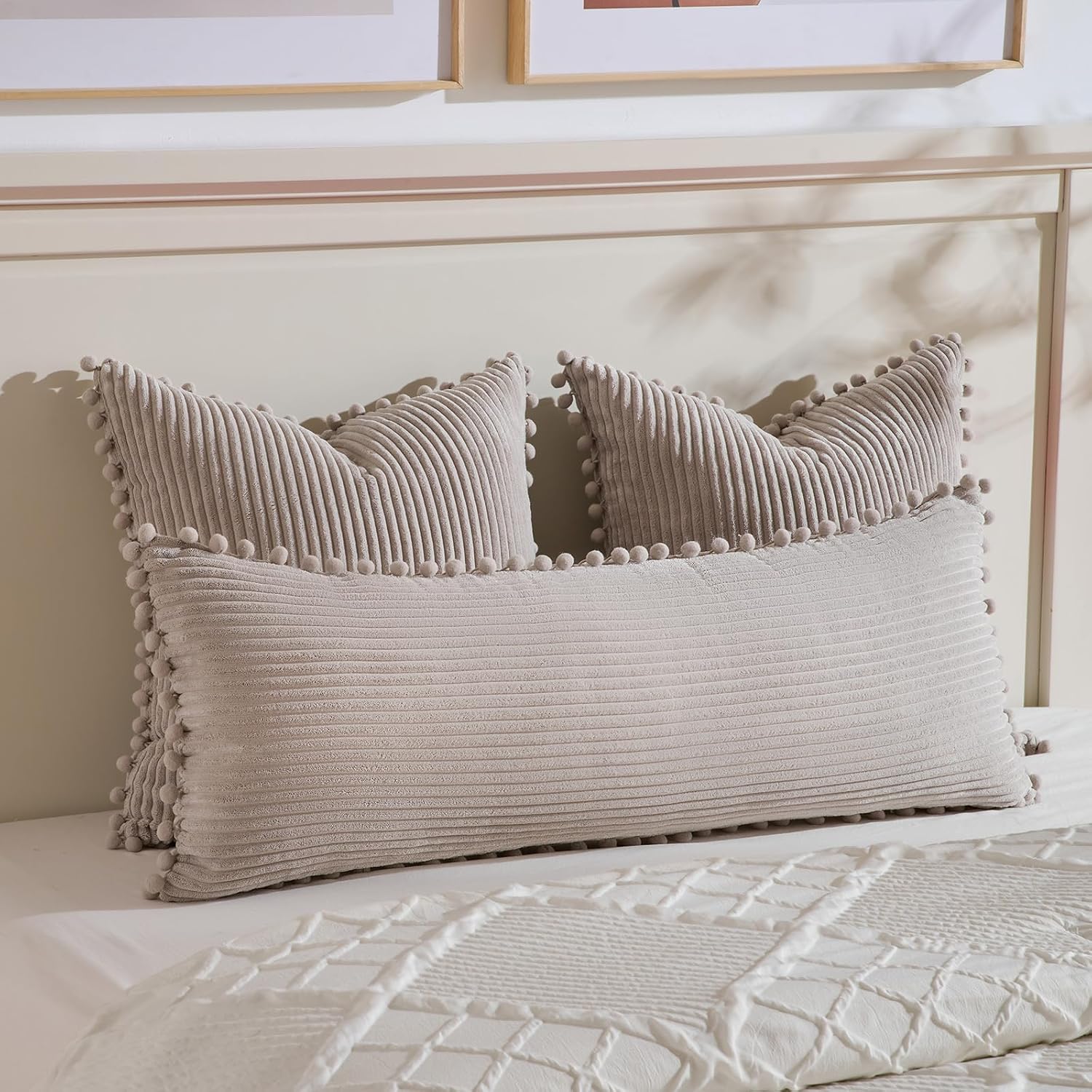 Fancy Homi 1 Pack Neutral Taupe Lumbar Body Decorative Throw Pillow Covers 20x54 Inch with Pom-poms for Couch Sofa Bed, Farmhouse Boho…