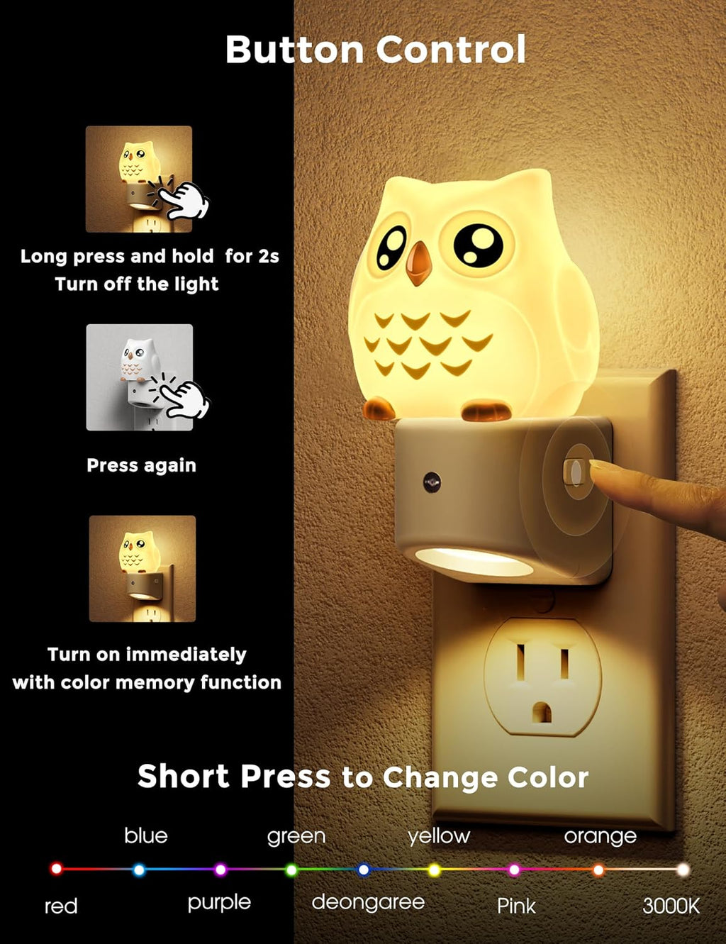 L LOHAS LED Night Light for Kids, 3D Owl Night Light Plug in, Dusk to Dawn Nursery Night Lights, RGB+Soft White 3000K, 3 Lighting Modes…