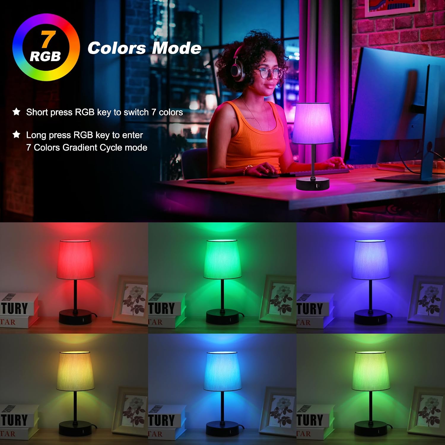 Ascher Small Bedside Table lamp Set of 2, RGB Color Changing Lamps, 3 Color Temperatures Nightstand Lamps with USB C and A Ports, Touch…