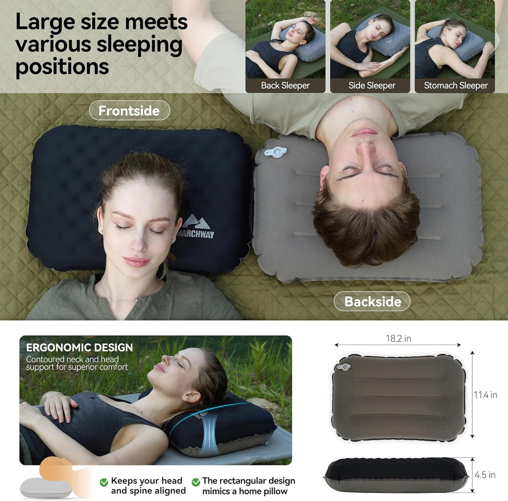 MARCHWAY Inflatable Camping Pillow with Soft Foam Top & TPU Air Bladder, Dual-Sided Support for All-Season, Lightweight Compact Travel…