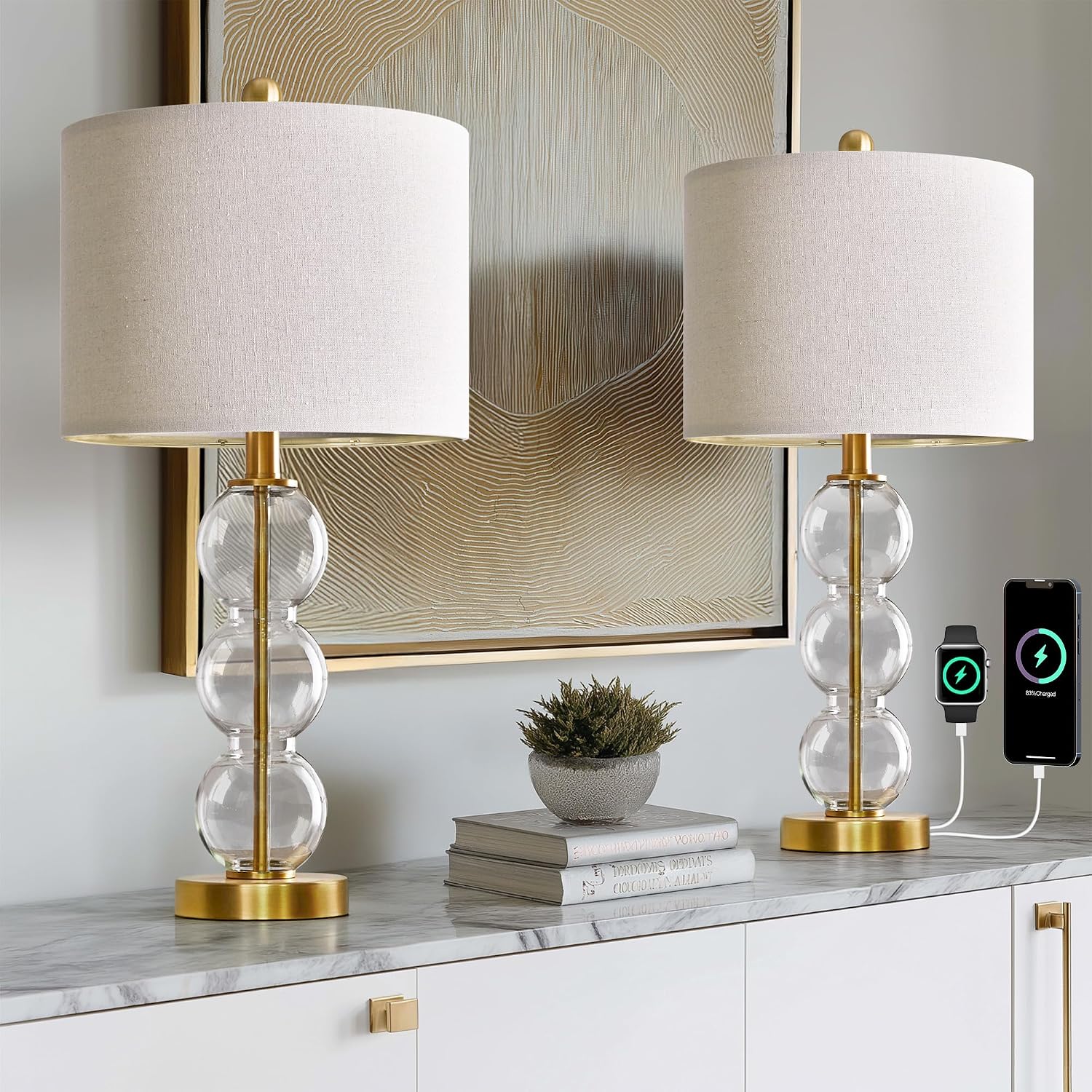 Oneach 25" Glass Table Lamps Set of 2, Gold Modern Table Lamps with USB Ports for Living Room, Linen Shade Bedside Lamps for Bedroom, Night…