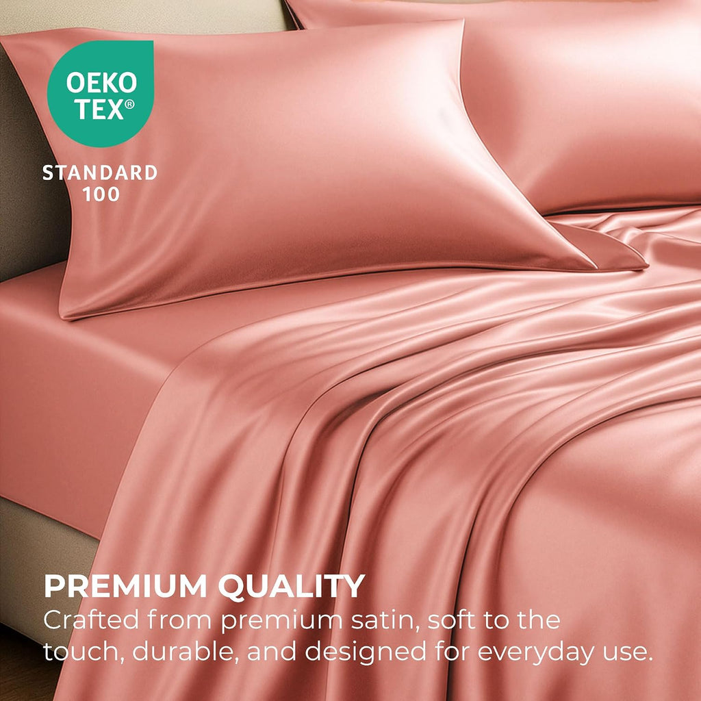 PureBedding Pure Bedding Satin Sheets Queen [4-Piece, Blush Pink] Hotel Luxury Silky Bed Sheets - Extra Soft 1800 Microfiber Sheet Set, Wri…