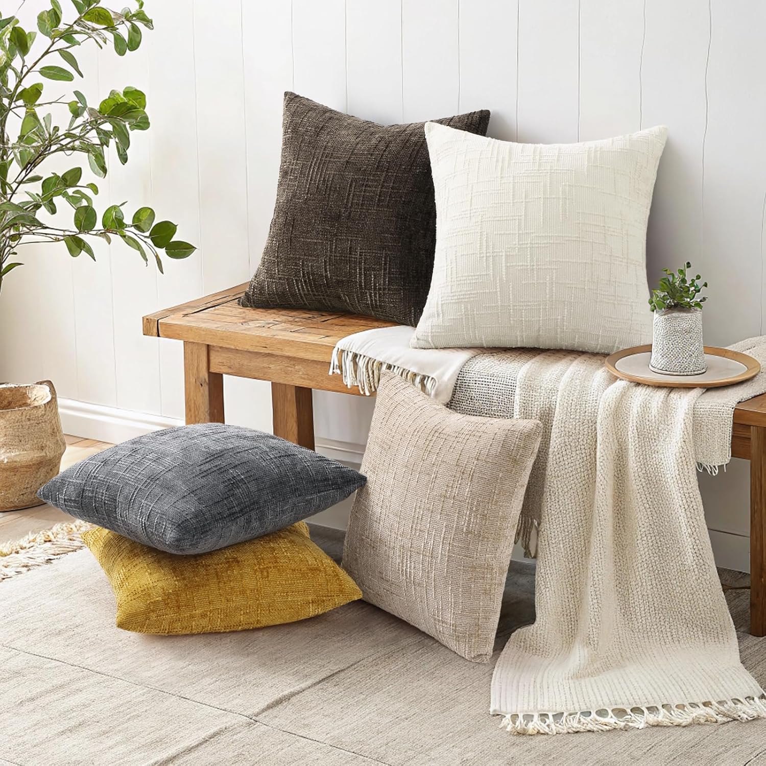 decorUhome Summer Cream White Chenille Throw Pillow Covers 18x18 Set of 2 Textured Cozy Slubby Couch Pillow Covers Modern Farmhouse Boho De…