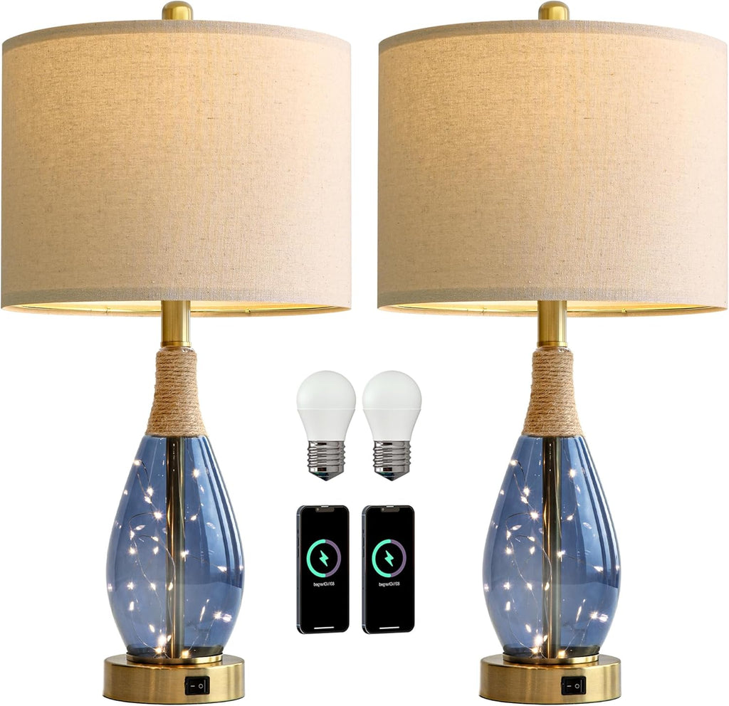 OYEARS 23" Table Lamps for Living Room Set of 2 Bedside Lamps for Night Stands Bedroom Lamps Farmhouse Rattan Boho Lamp Glass Nightlight…