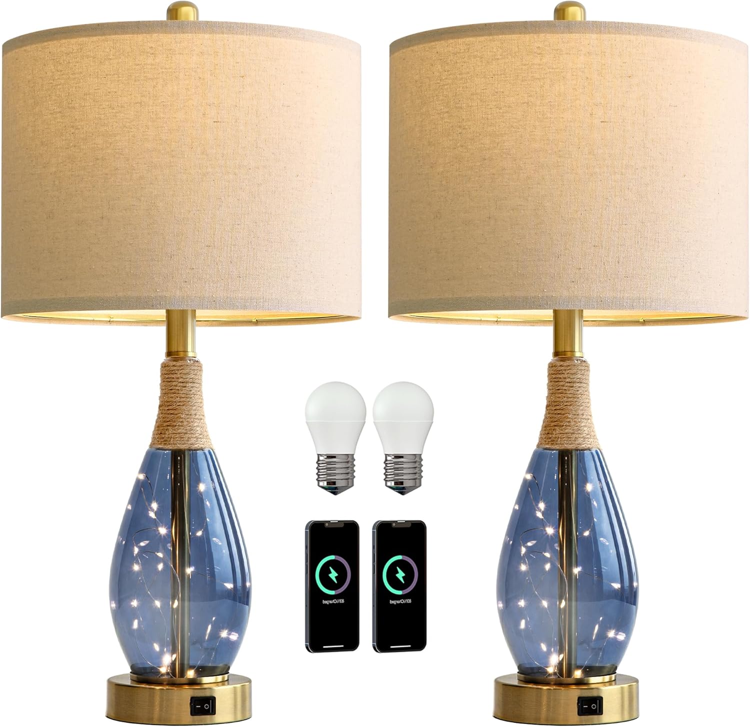 OYEARS 23" Table Lamps for Living Room Set of 2 Bedside Lamps for Night Stands Bedroom Lamps Farmhouse Rattan Boho Lamp Glass Nightlight…