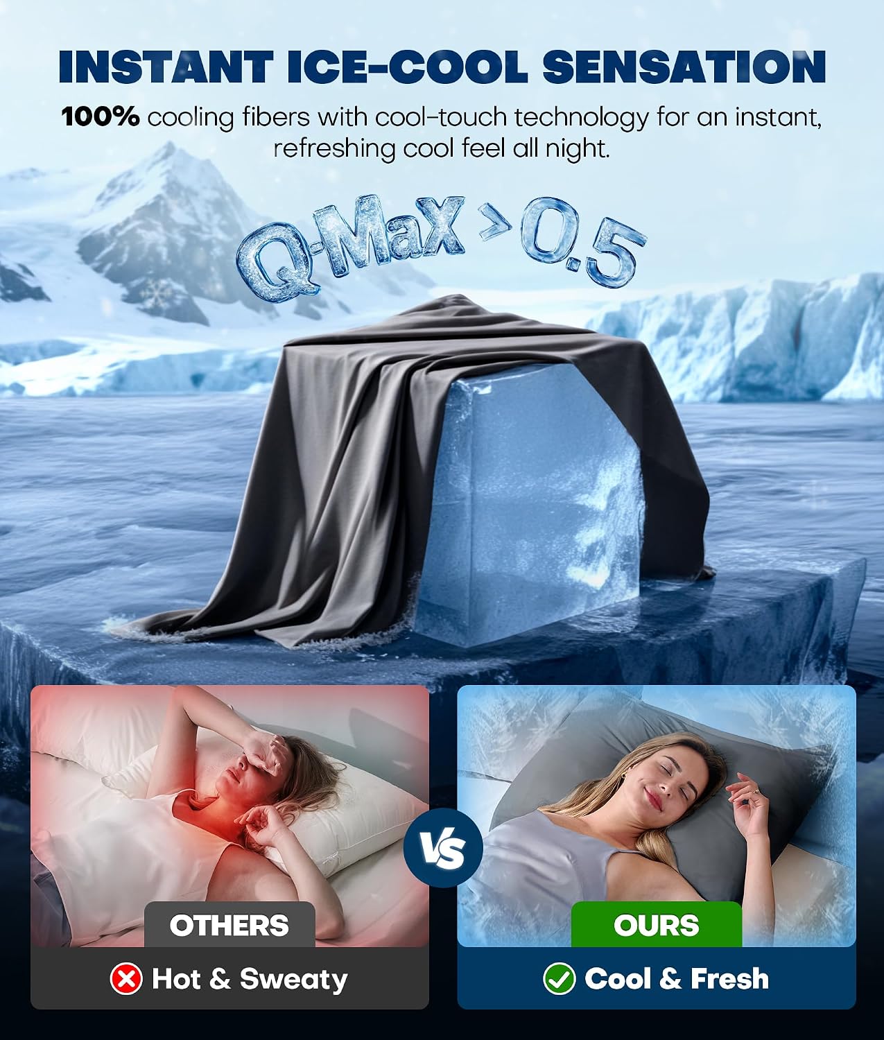 Rifens Ultra-Chill Cooling Pillowcase Set of 2 for Hot Sleepers, Softer Than Silk Pillow Cases for Protecting Hair & Skin, Breathable Bed P…