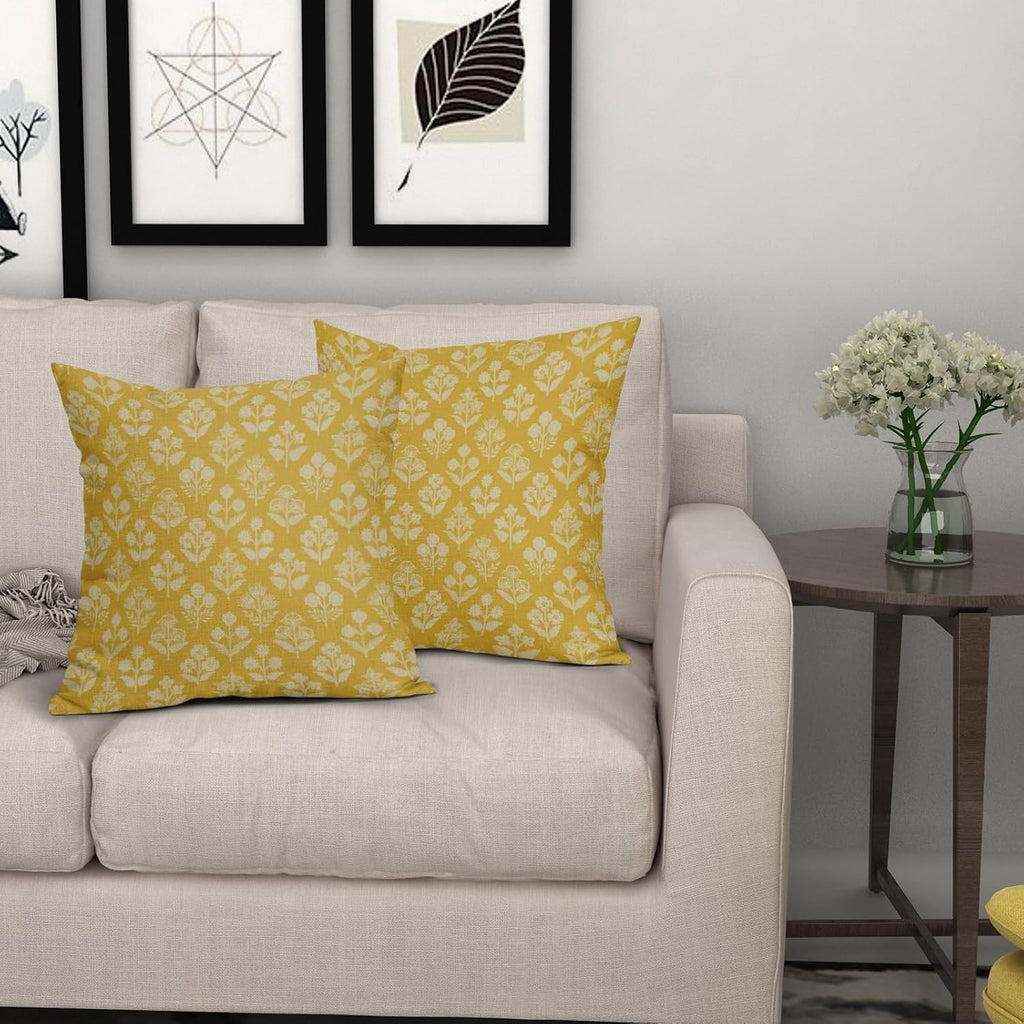 Yellow Floral Block Print Pillow Covers 16x16 Inch Set of 2, Vintage Flower Pattern Decorative Throw Pillowcases Outdoor Farmhouse…