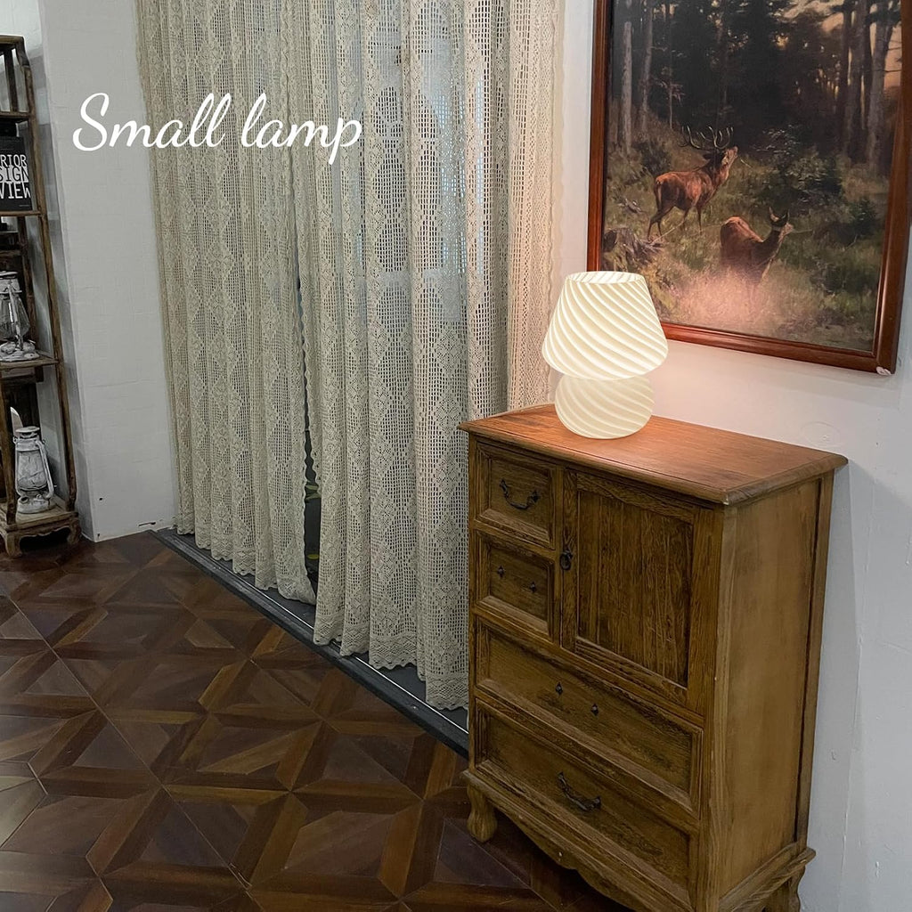 ONEWISH Mushroom Lamp-Small Bedside Table Lamp with Striped Glass, Nightstand Lamp for Bedroom, Living Room, 3000K E26 Bulb Included(White)