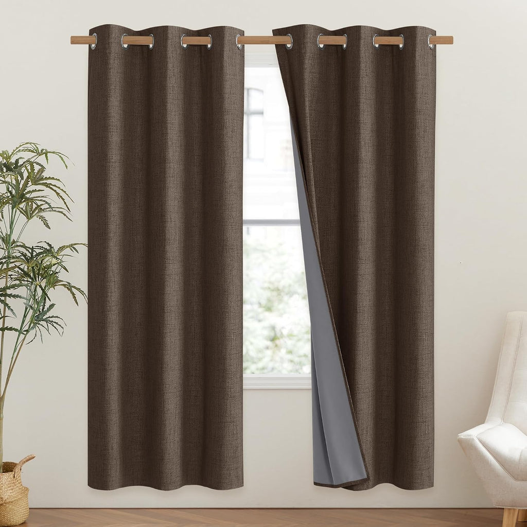 NICETOWN Coffee Vintage Linen 100% Blackout Curtains for Classroom, Thermal Insulated Curtains 72" Long, Noise Reducing Window Treatment…