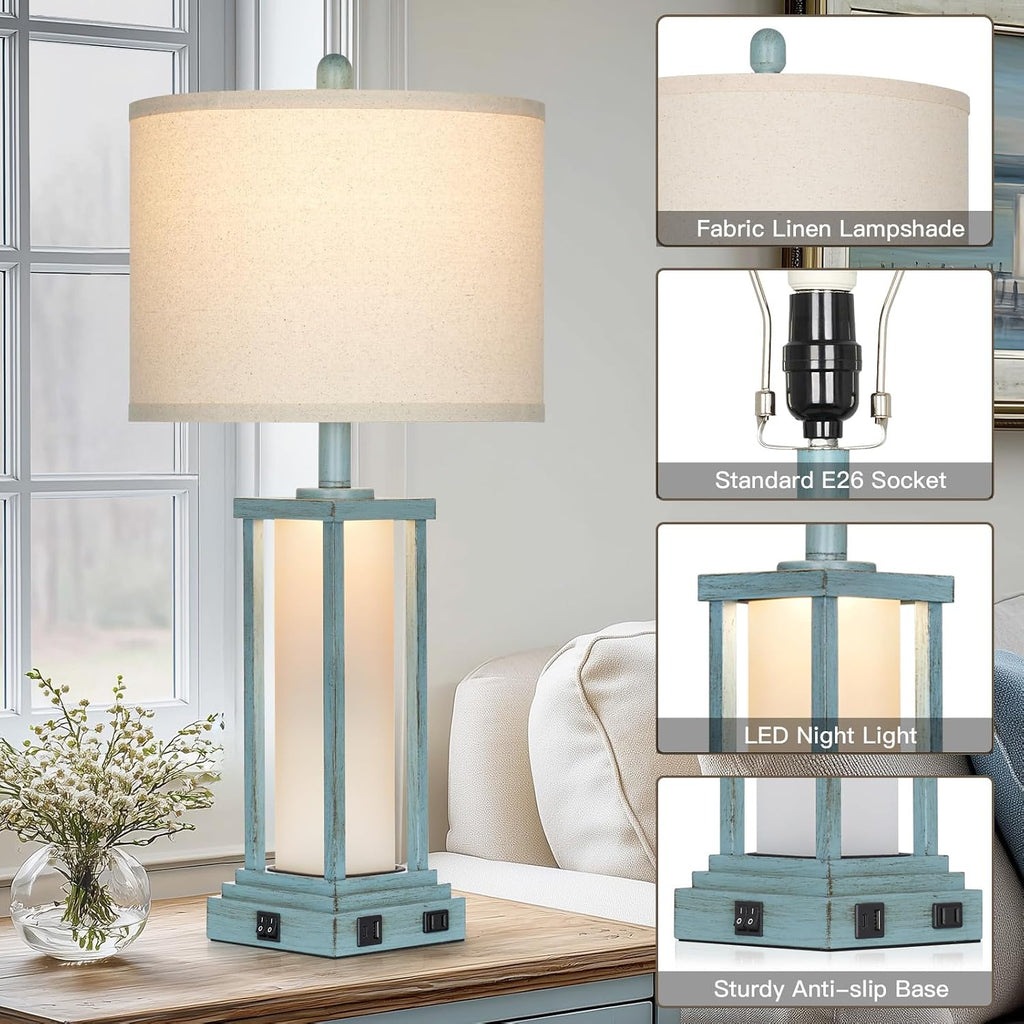 Cinkeda 27" Tall Vintage Table Lamp Set of 2 with USB C+A & Outlet, Nightstand Lamp for Living Room, Coastal Bedside Lamps with Frosted…