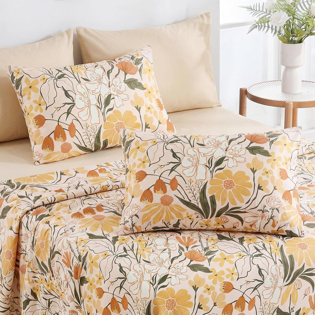 Bedorm 100% Cotton Pillowcases Set of 2 Standard Size Pillow Cover Yellow Floral Botanical Pillow Cases Soft & Breathable Pillowcases with…