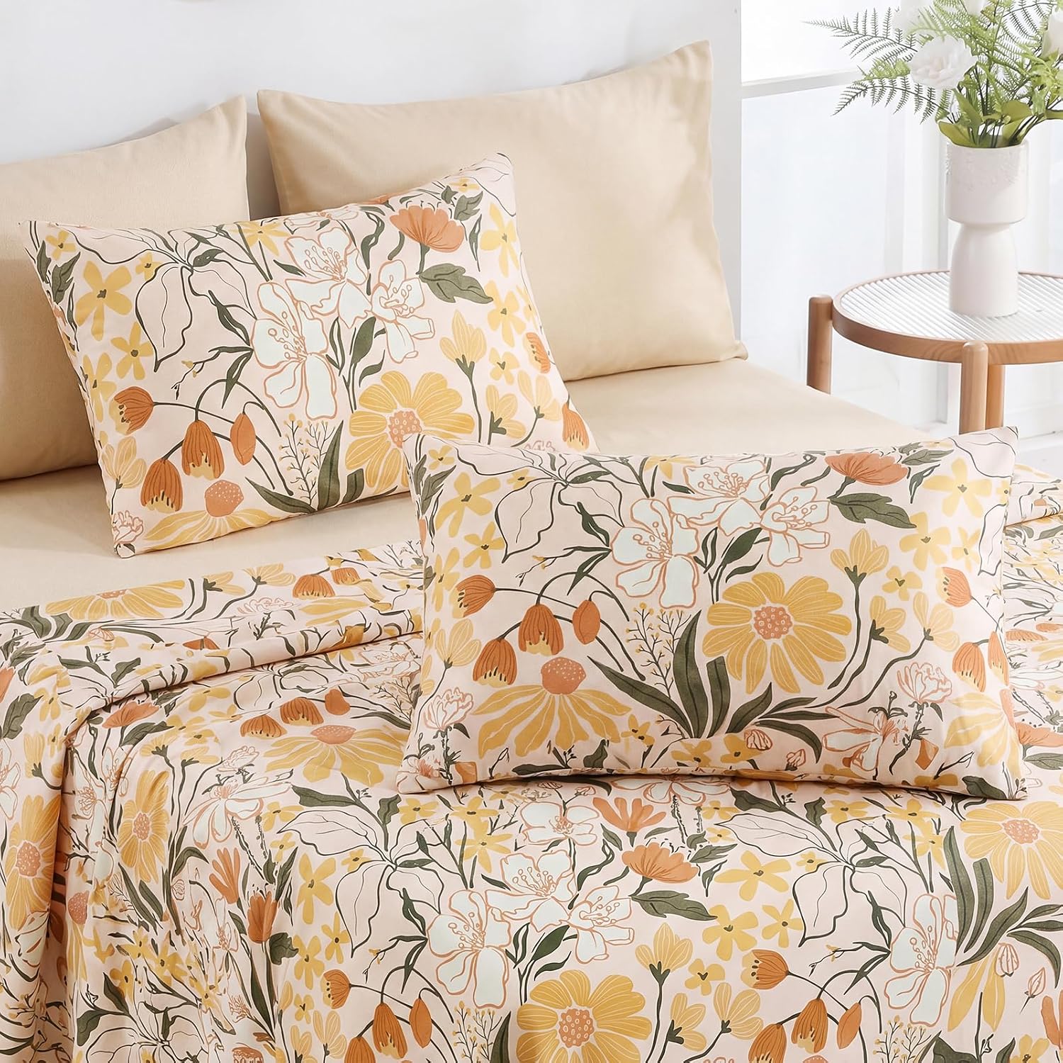 Bedorm 100% Cotton Pillowcases Set of 2 Standard Size Pillow Cover Yellow Floral Botanical Pillow Cases Soft & Breathable Pillowcases with…
