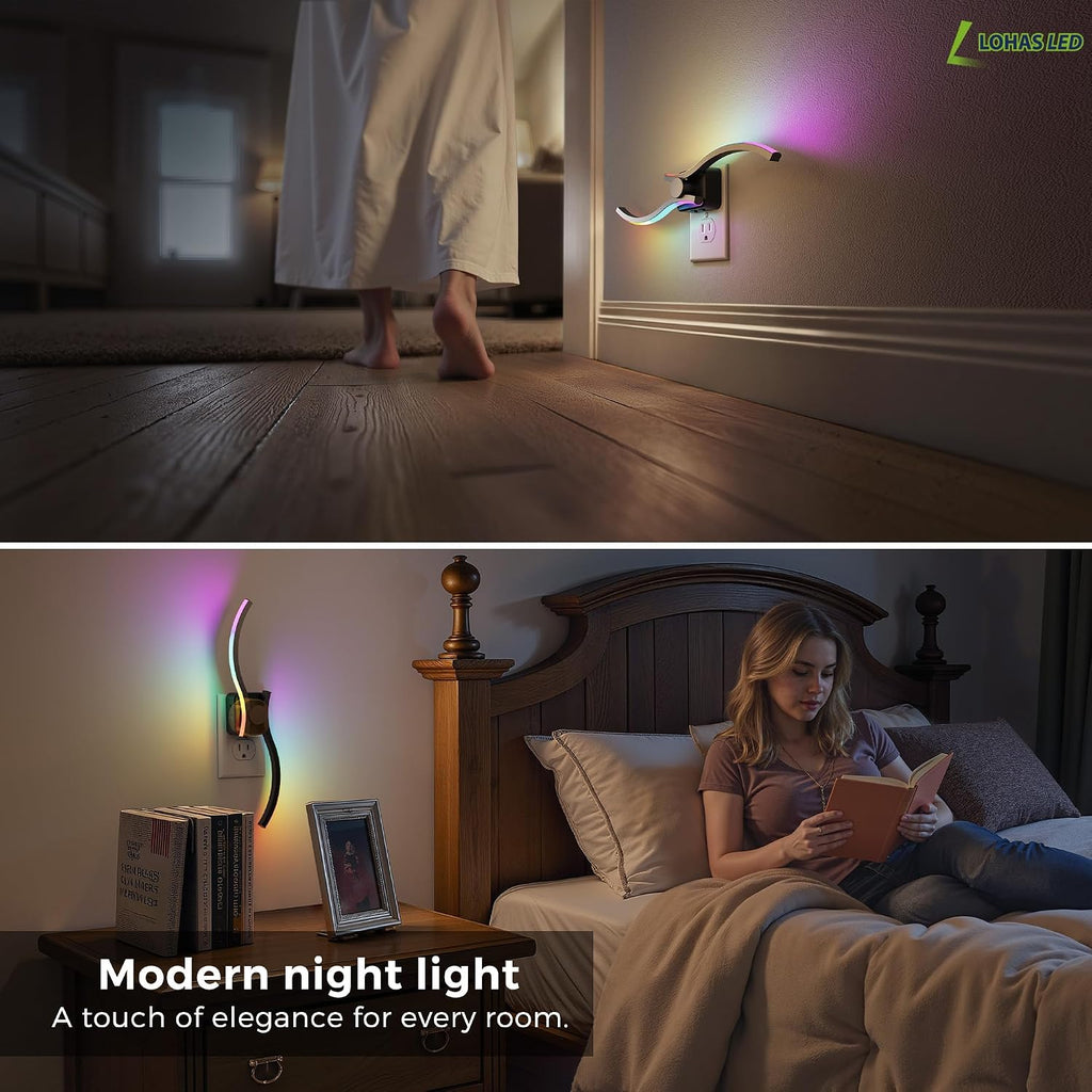 L LOHAS LED Night Light, 2 Pack Night Lights Plug into Wall, Modern Nightlight with Dusk to Dawn Sensor, 3000K & RBG Dimmable Wave Plug…