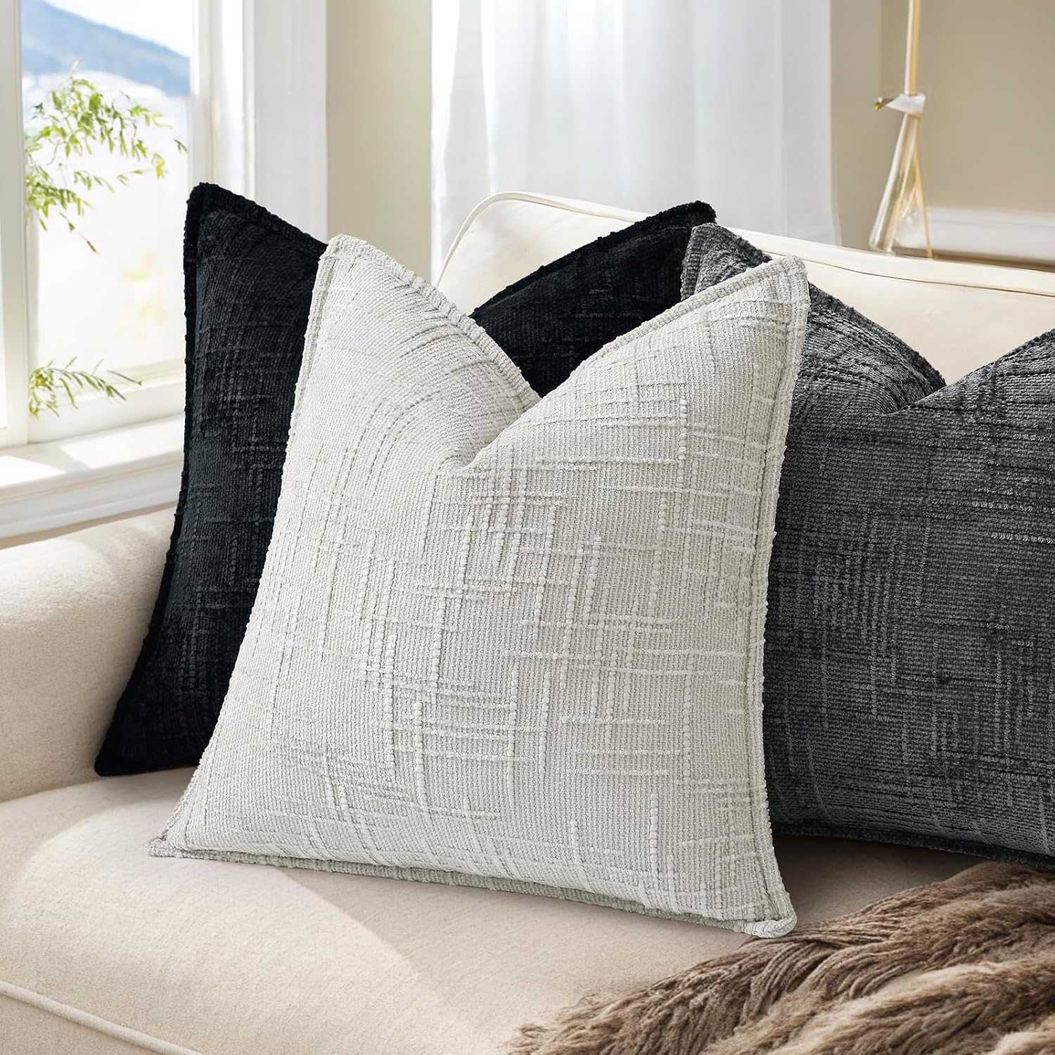 decorUhome Chenille Throw Pillow Covers 22x22 Set of 2, Soft Textured Slubby Modern Decorative Pillow Covers with Elegant Design for Couch,…