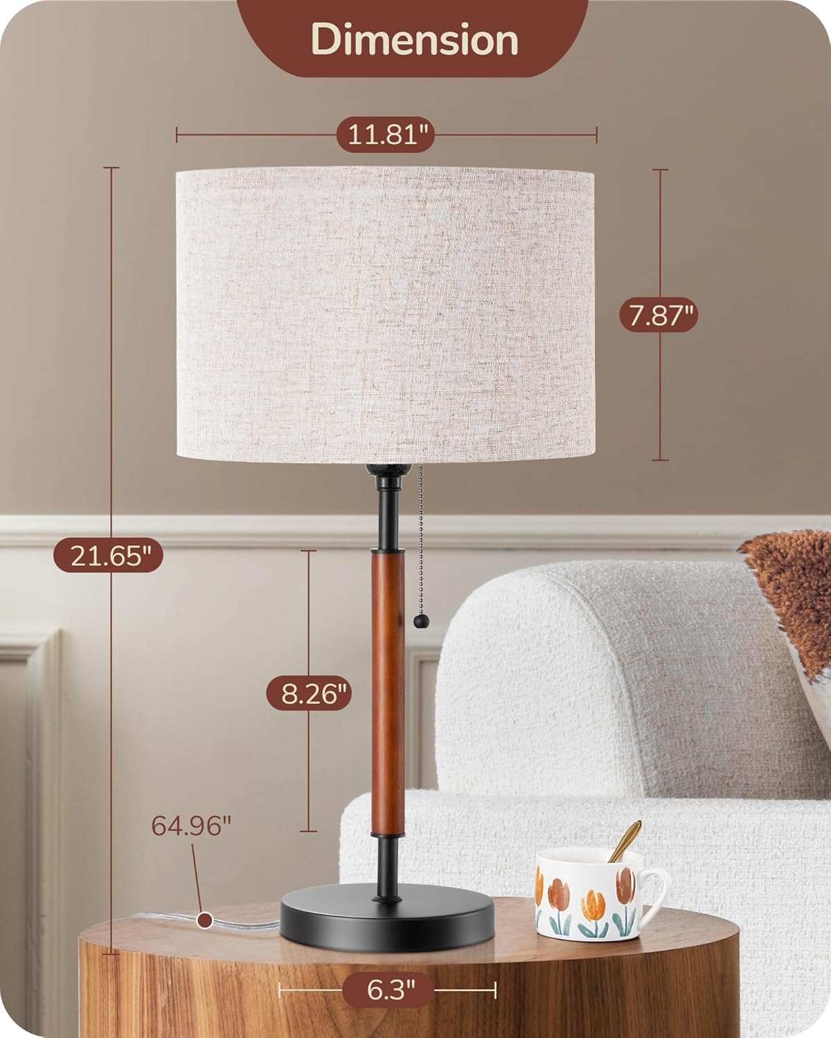 EDISHINE Mid Century Table Lamp, Pull Chain Switch Bedside Lamp with Linen Shade, Solid Wood Pole & Black Metal Base, Modern Nightstand…