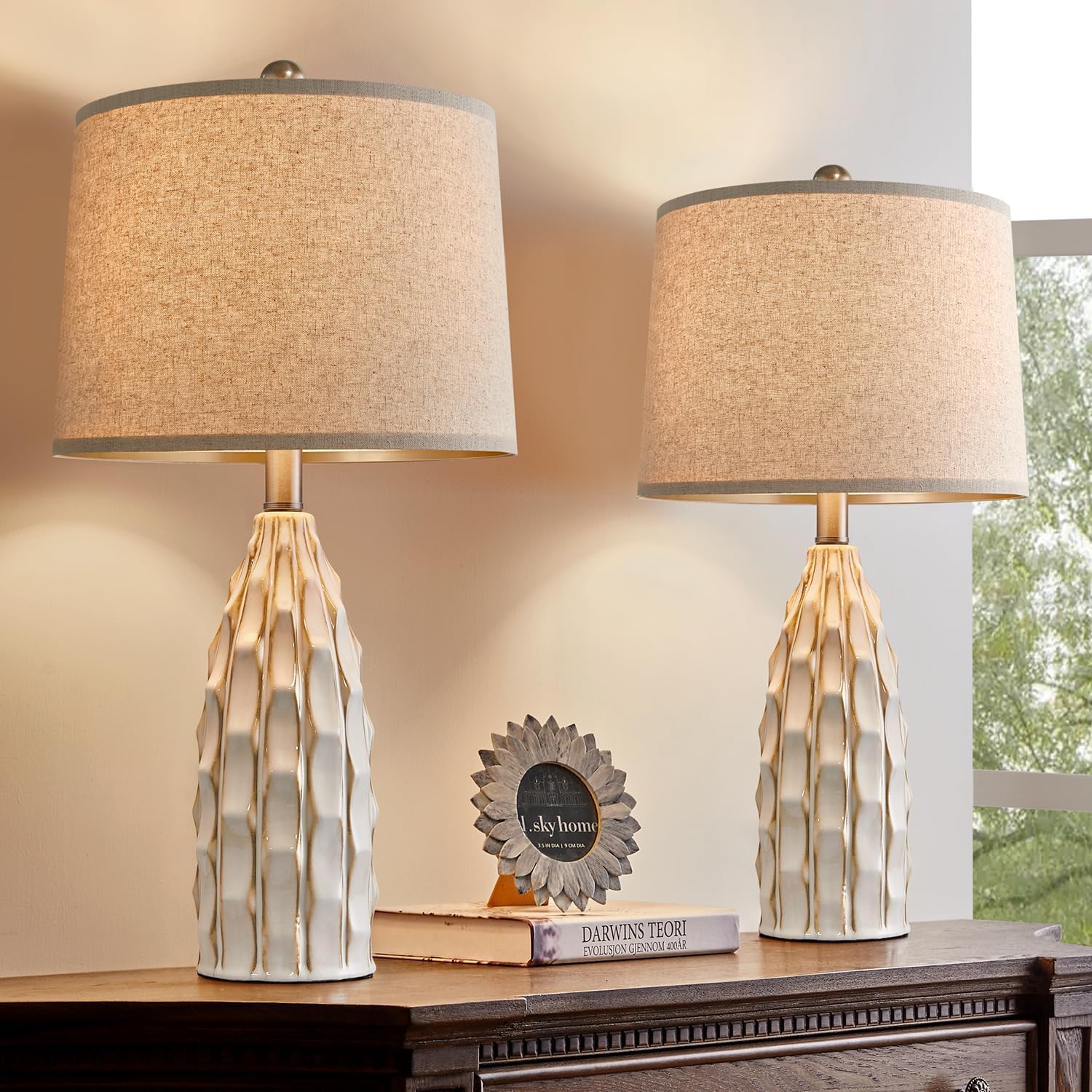 USumkky Ceramic Table Lamps Set of 2, 23.75" Modern Farmhouse Bedside Lamp - Cream Nightstand Lamps for Bedroom, Boho Living Room End…