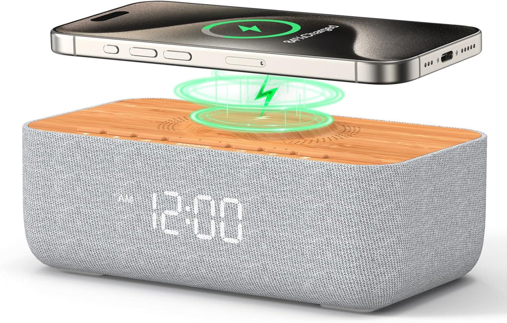 REACHER 15W Fast Magnetic Wireless Charging Alarm Clock with White Noise Machine, Woodgrain Style, 20 High‐Fidelity Sounds, Gradual Wake…