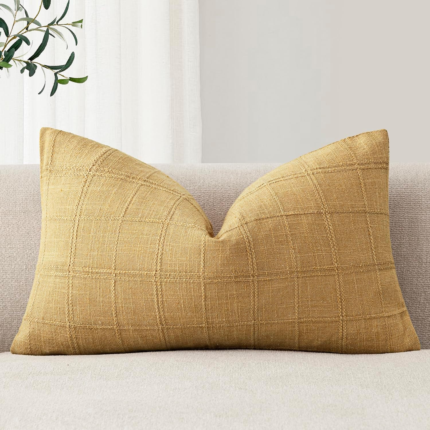 Foindtower Set of 1 Decorative Linen Check Throw Pillow Cover Neutral Farmhouse Lumbar Cushion Cover Modern Boho Accent Home Decor for…