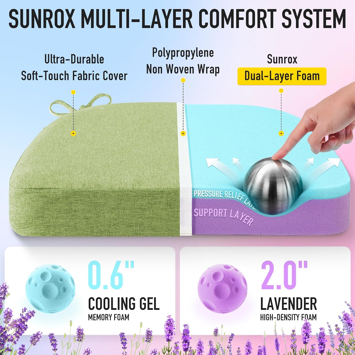 Sunrox Cooling Gel Memory Foam Chair Cushions, 2.6" Thick U-Shaped Dual-Layer Comfort Dining Chair Pads, Non Slip Seat Cushion with Ties fo…