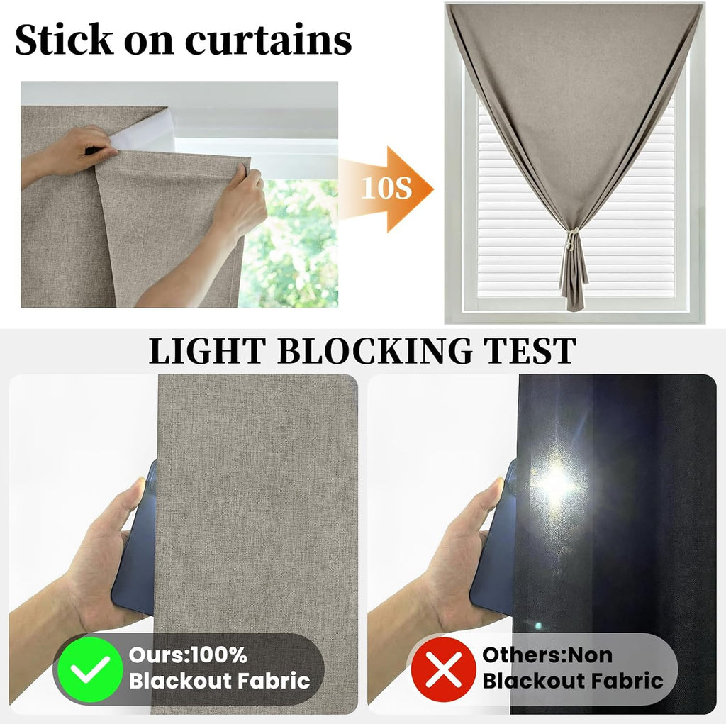 100% Blackout Self Adhesive Curtains, Black Out Shade for Window, Fabric Temporary Window Coverings Easy to Hang Curtains No Rod Needed…