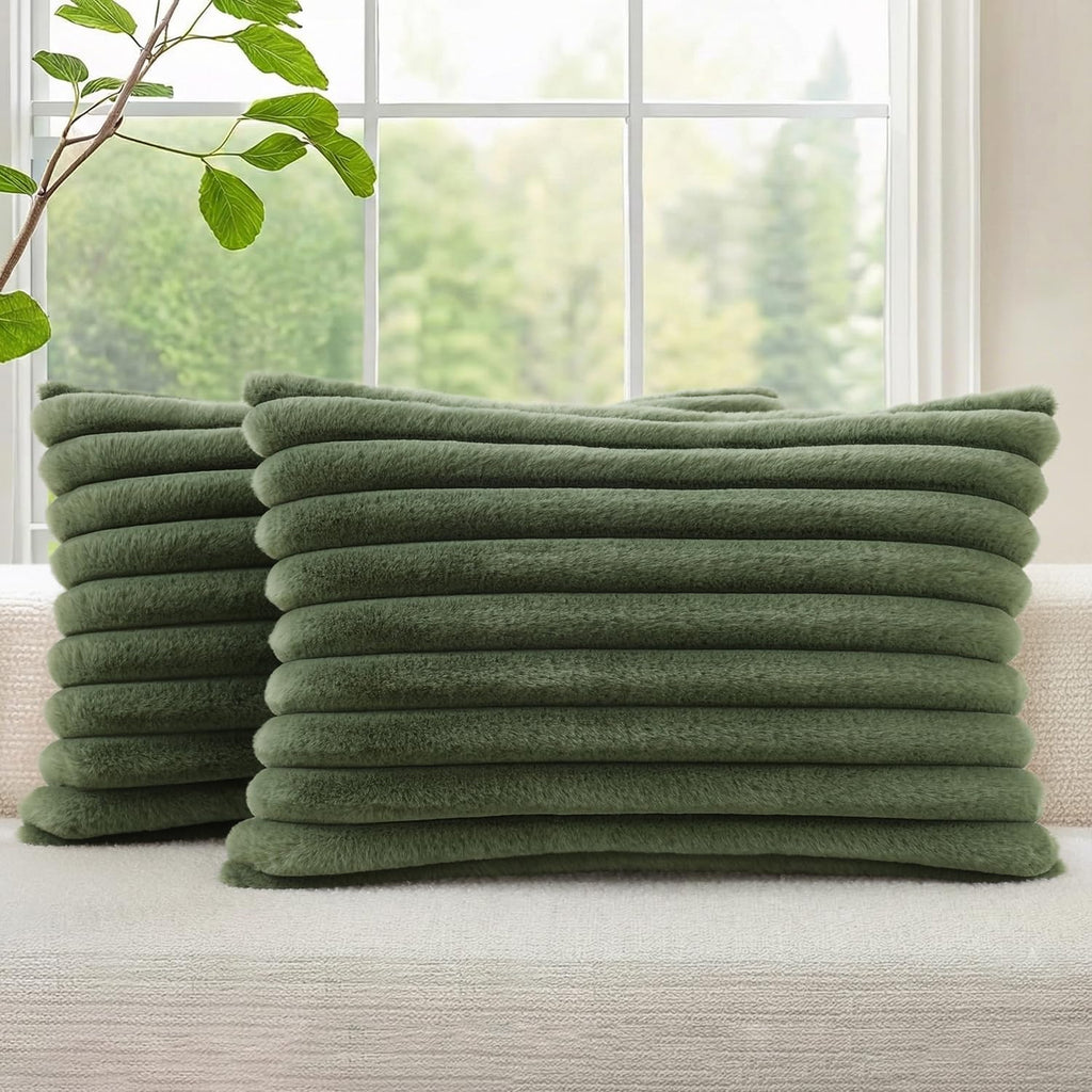 decorUhome Cozy Faux Fur Throw Pillow Covers 12x20 Set of 2 Decorative Soft Plush Striped Lumbar Modern Farmhouse Boho Couch Pillow Cases w…