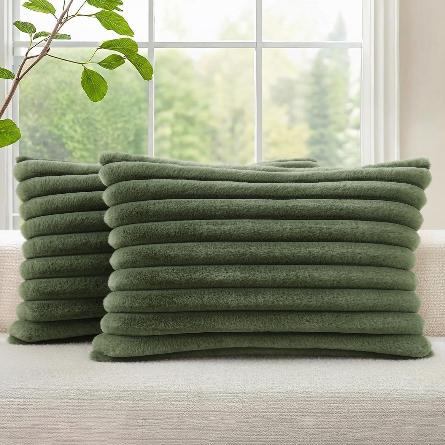 decorUhome Cozy Faux Fur Throw Pillow Covers 12x20 Set of 2 Decorative Soft Plush Striped Lumbar Modern Farmhouse Boho Couch Pillow Cases w…
