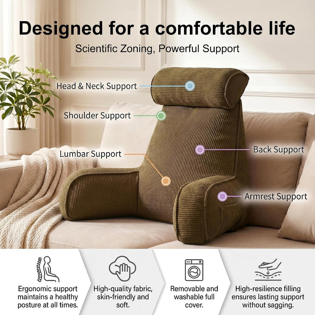 Ailuteie Bed Rest Reading Pillow with Arms & Detachable Headrest, Corduroy Backrest Cushion with Side Pockets & Washable Cover, Support for…