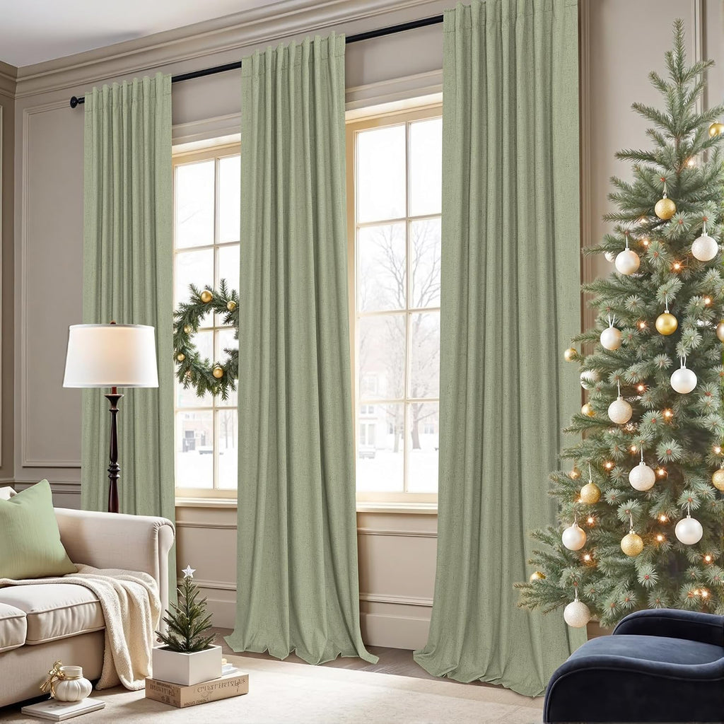 Pitalk 102 Inch Curtains Blackout Sage Green Christmas Decoration Black Out Linen Drapes for Bedroom Aesthetic Moody Retro Vintage Light Sa…